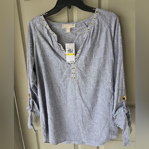 $110 Michael Kors Linen Blend Blouse Sz M White Blue Women Striped 3/4 Sleeves - Picture 9 of 13